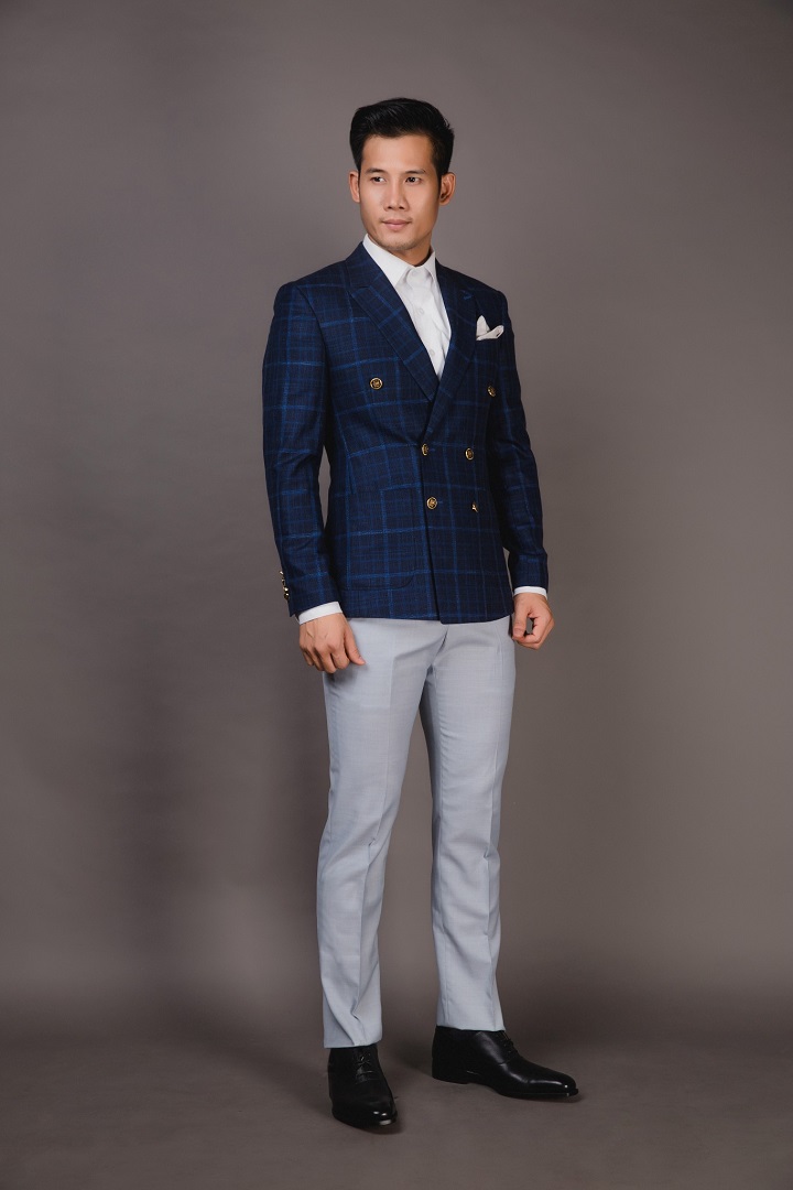 Áo Khoác Blazer Nam Caro Xanh Navy- Cổ Ve Ngược - 6 Nút Cài Chòm - 25003-2