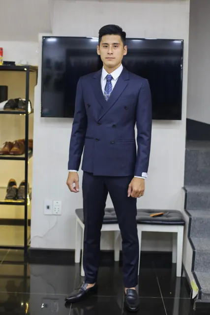 Bộ Vest Nam 6 Nút Xanh Navy Sọc
