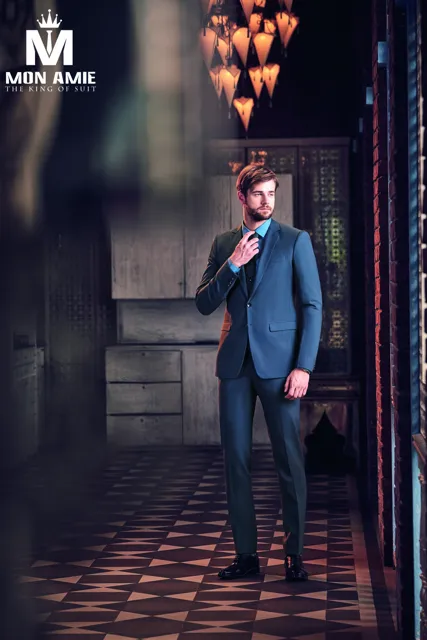 Bộ suit nam cao cấp xanh ô D598-1 - Chưa bao gồm ghile