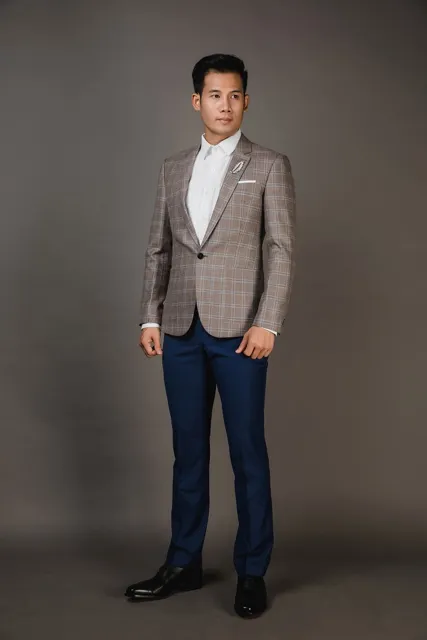 Áo Khoác Blazer Nam Caro Nâu- Cổ Ve Xuôi - 1 Nút - 25004-2