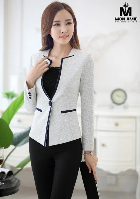 Đồng Phục Vest Nữ Xám Trắng Cổ Viền DT752