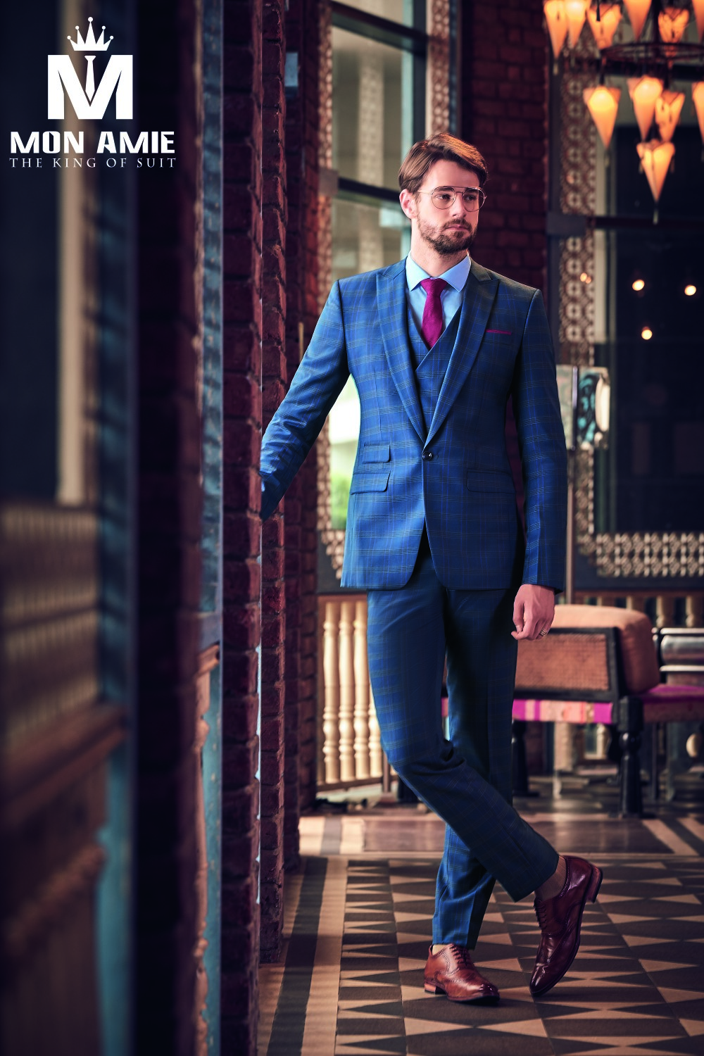 Bộ suit nam cao cấp xanh caro D586-1 - Chưa bao gồm ghile — ảnh 1