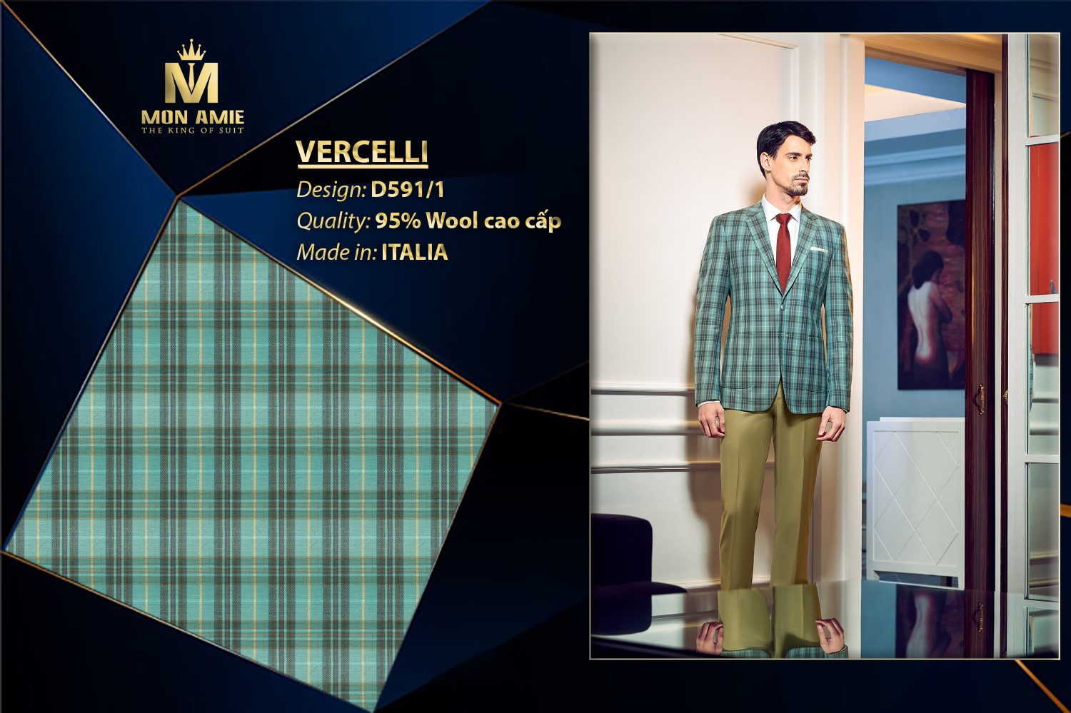 Bộ Vest Nam Xanh Caro Độc Đáo Italia Super 160s D591-1 — ảnh 1