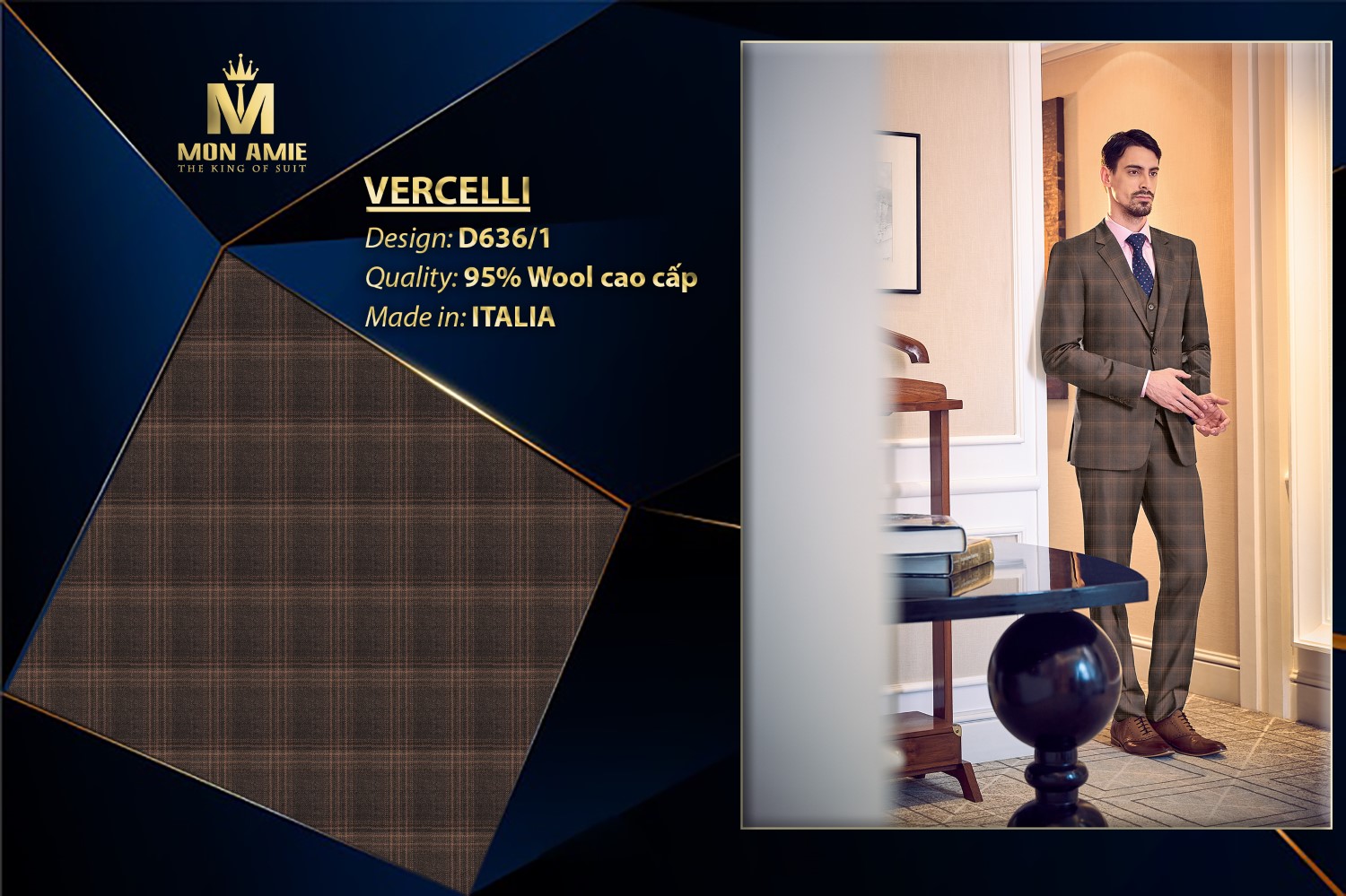 Bộ Comple Nam Màu Caro Nâu Italia Super 160s D636-1 — ảnh 1
